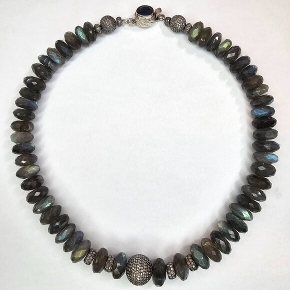 Labradorite, Pave Diamond Beads, Kyanite Clasp Choker Necklace 18” - Picture 1 of 11